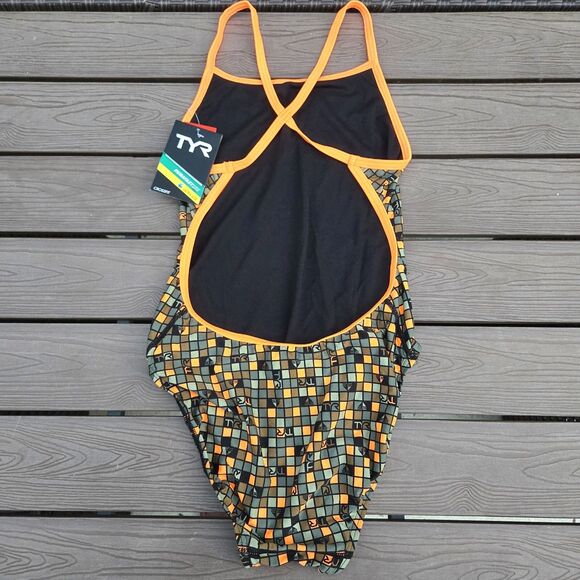 TYR Durafast Retro Check Women Crosscutfit Orange/camo 1 Pc Swimsuit SZ 34 New - Picture 2 of 4